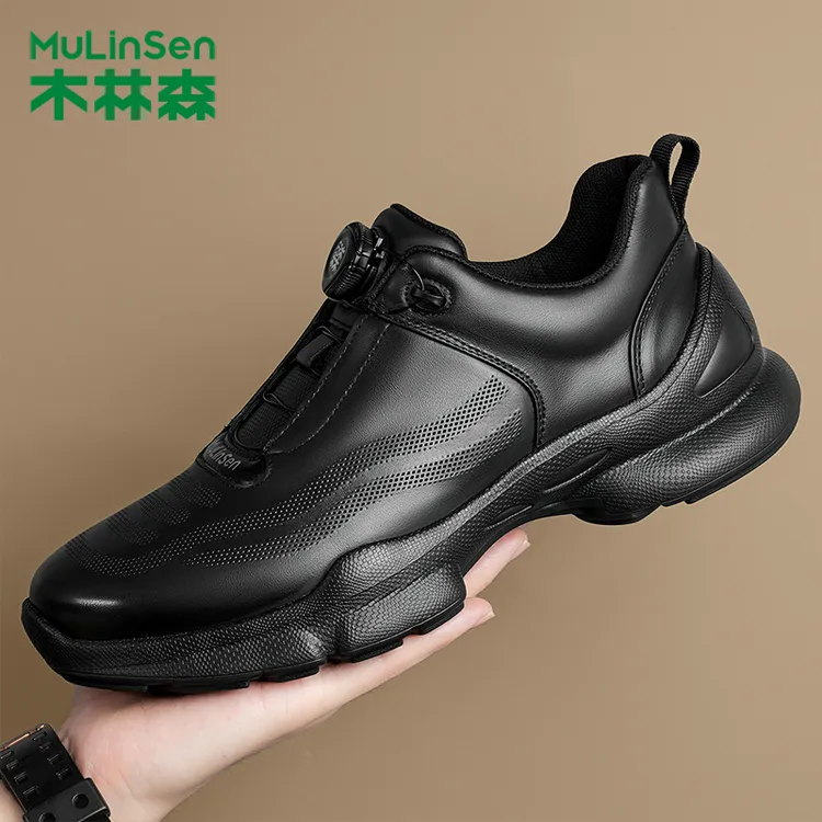 木林森男鞋2025新款高端时尚运动鞋男士透气头层牛皮厚底休闲鞋子