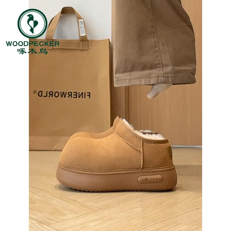 啄木鸟丑萌大头包头半拖鞋女雪地靴2025新款加绒加厚保暖毛毛棉鞋