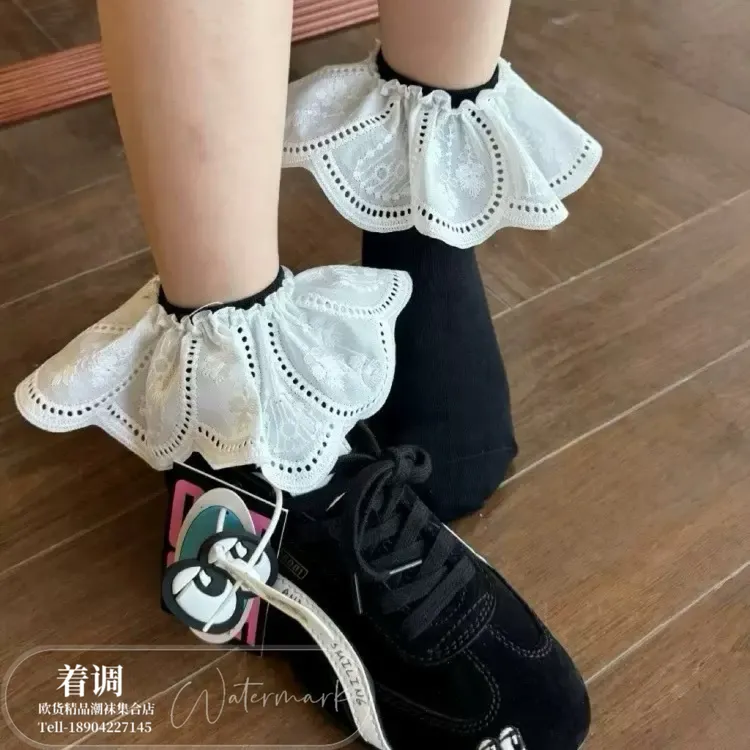 芭蕾风花边刺绣袜子蝴蝶结镂空网眼透气小腿袜洛丽塔大花边短袜