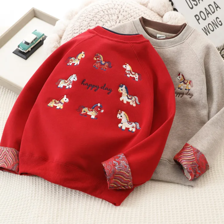 男童马年加绒卫衣儿童红色加厚上衣2025新款中大童新年保暖衣服潮