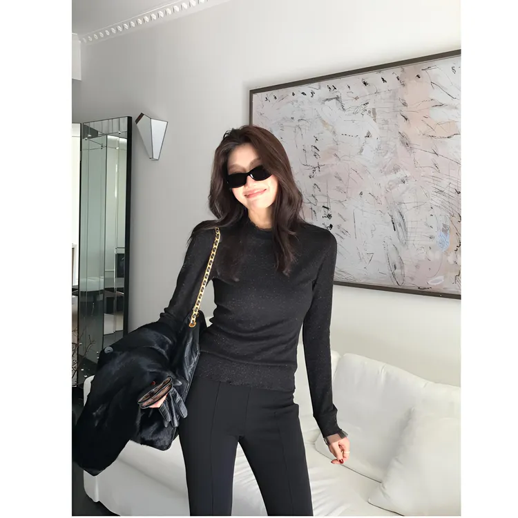 【ALONESAVOR】龍喜儿秋冬温柔气质圆领网纱拼接针织衫K771