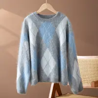 【L*P同款】复古菱形格拼色拉绒！100纯山羊绒厚款宽松显瘦套头毛衣