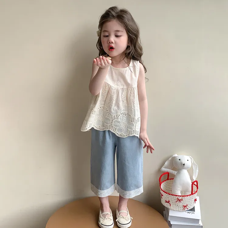 女童夏装2025新款套装夏日凉爽花边娃娃衫背心儿童薄款透气牛仔裤