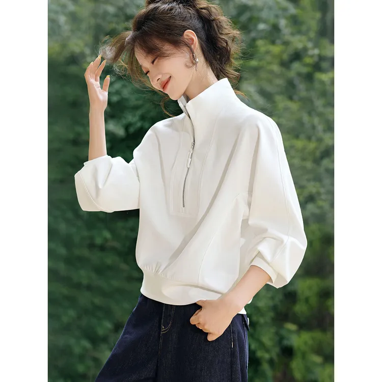 舒适人生小众百搭上衣女秋季款休闲慵懒风立领廓形设计感长袖卫衣