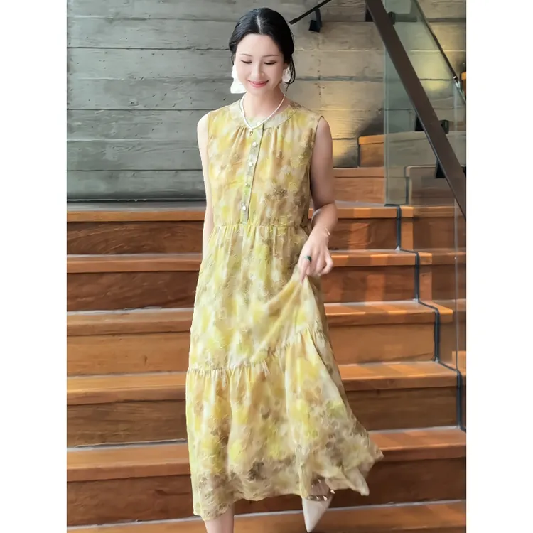 2233#韩版海边度假风无袖碎花连衣裙女2025春夏小个子吊带长裙