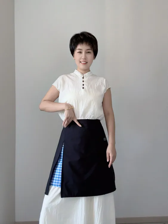 简约时尚双层双面穿半截围裙防泼水防油污男女咖啡店餐饮可印字