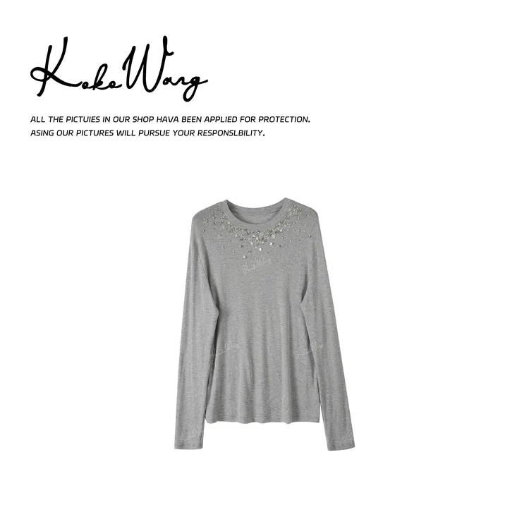 KOKO WANG秋冬莱赛尔羊毛混纺手工钉珠长袖打底衫N2445K24T41
