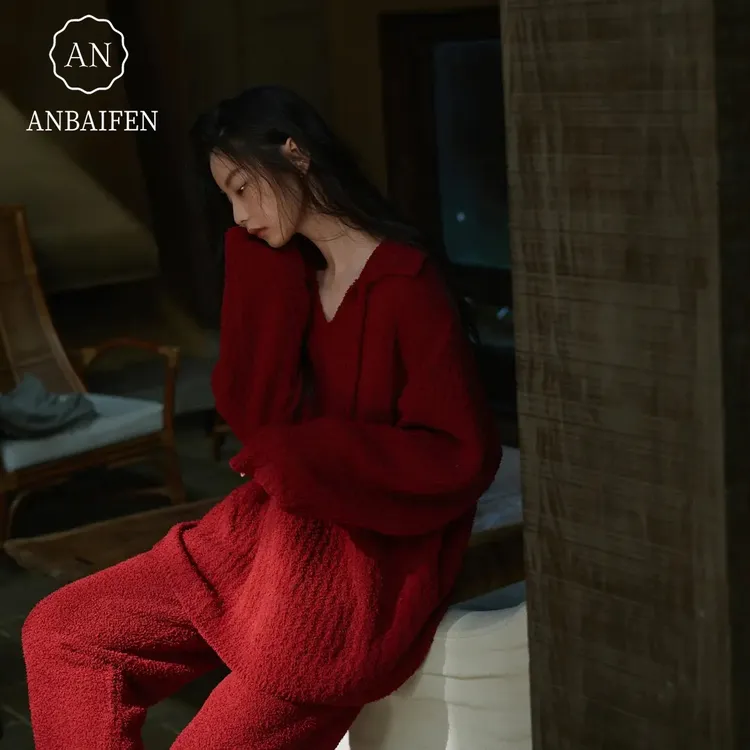黛帕美半边绒红色睡衣女秋冬珊瑚绒加绒结婚本命年家居服外穿套装