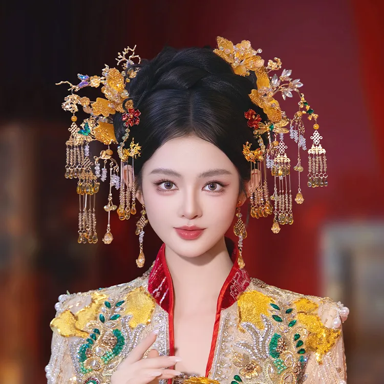 合金树脂婚庆饰品 中式新娘发饰古风秀禾金色水凝胶花朵配饰G0351