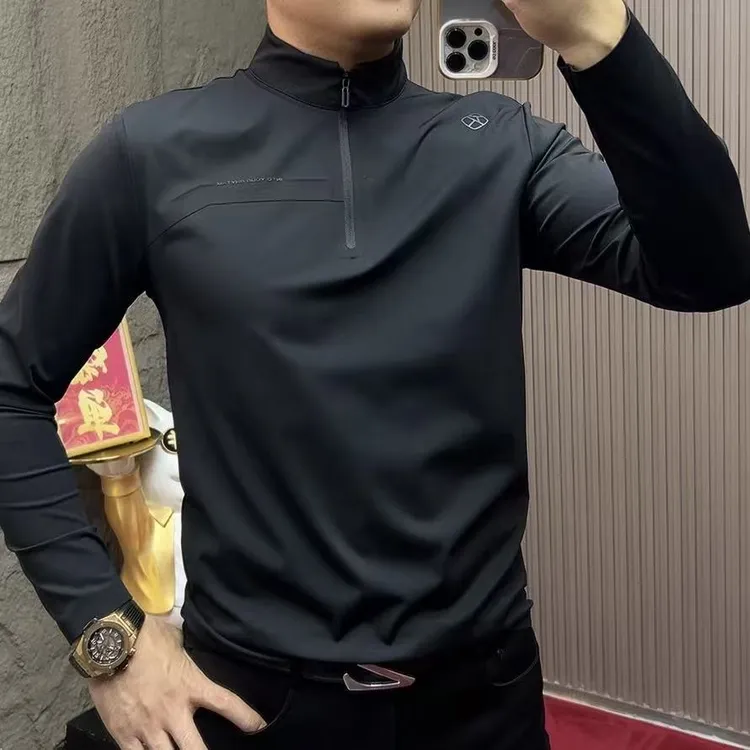 2025-9807#秋季成人宽松型立领男长T户外衫修身时尚打底运动