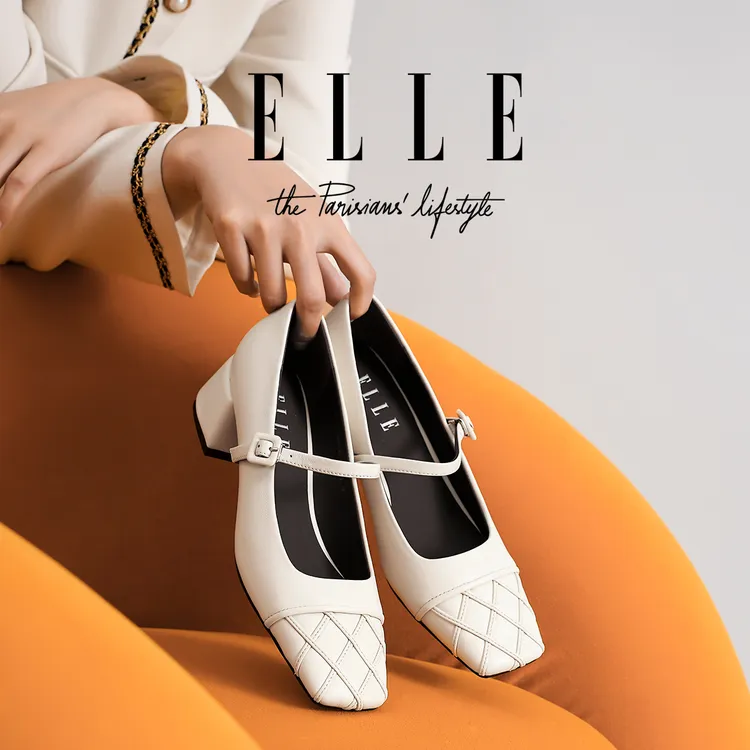 ELLE真皮玛丽珍高跟鞋女2025新款时尚拼接方头单鞋气质优雅小皮鞋