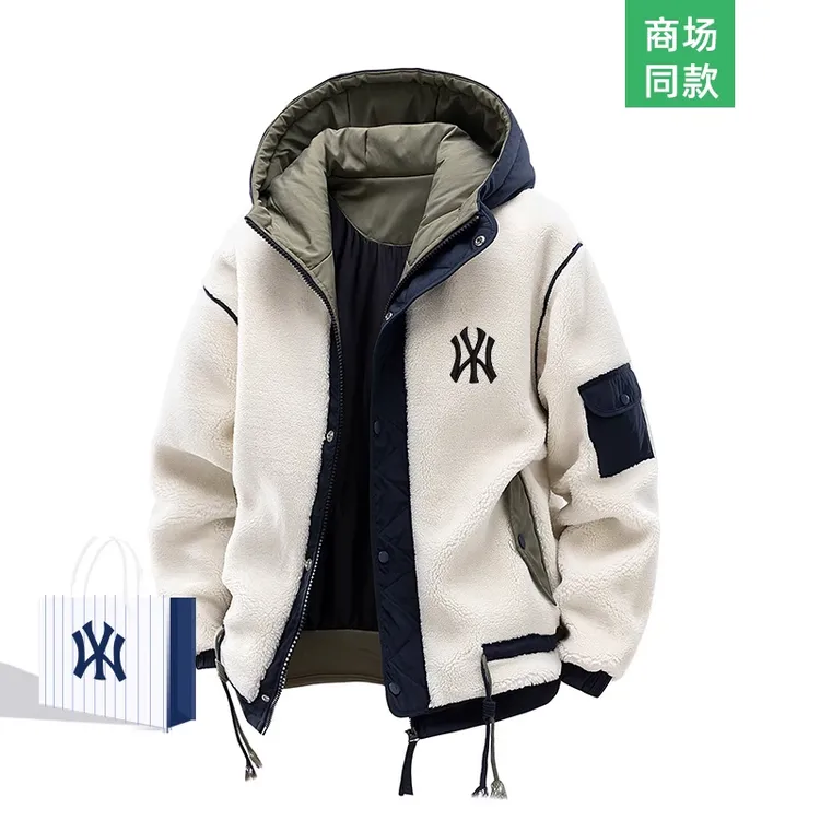 CALTOKROSA羊羔绒棉服假两件连帽棉衣外套男冬季新款情侣加厚保暖