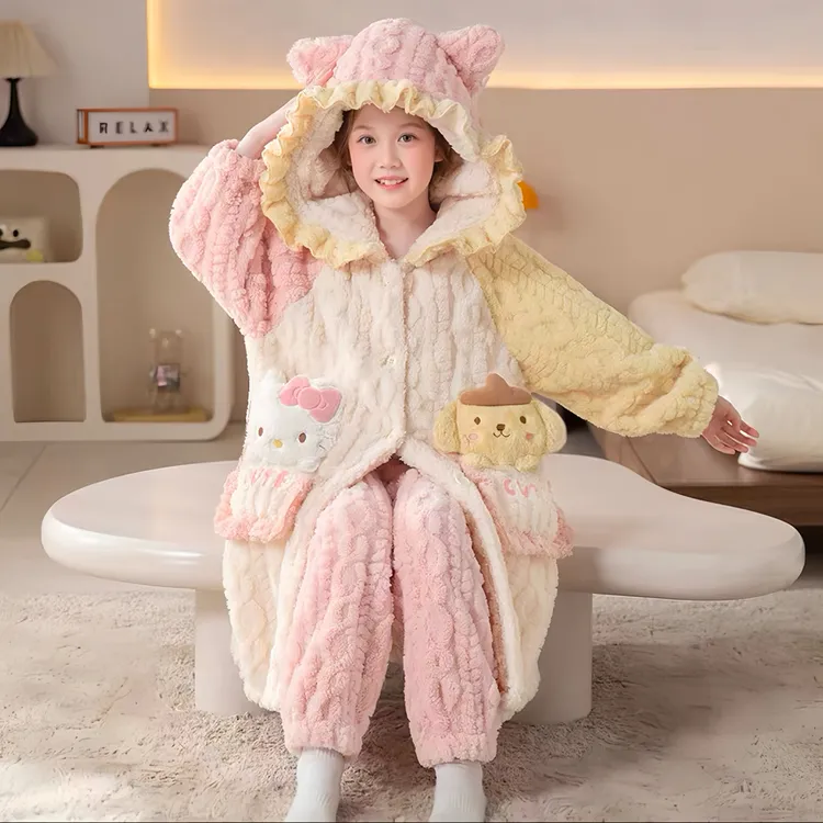 2025新款女童睡袍秋冬季珊瑚绒加厚儿童睡衣法兰绒女孩家居服冬款