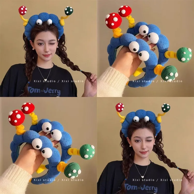 装下可爱！可爱毛绒大眼仔发箍！高颅顶趣味压发发卡女发捆盘发器