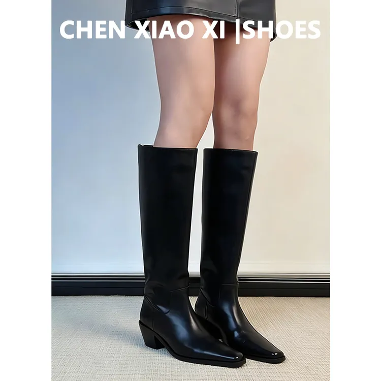 牛皮版！8cm小个子内增高复古高跟长筒靴女黑色百搭显瘦高筒骑士靴