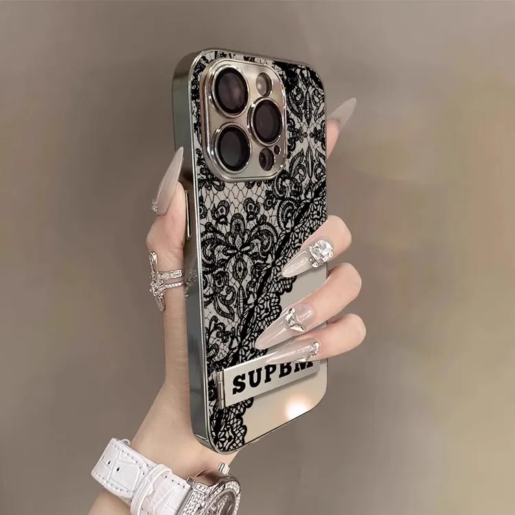 黑色花纹蕾丝适用苹果16promax手机壳iphone15pro保护套女镜面14p