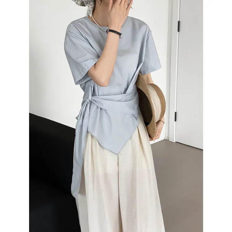 那末韩系简约不规则绑带衬衫女圆领显瘦设计款百搭短袖上衣