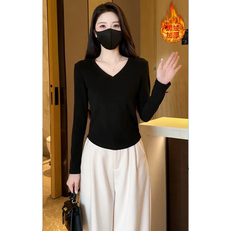 秋冬新款V领打底衫女加绒加厚双面绒白色V领长袖内搭显瘦百搭洋气