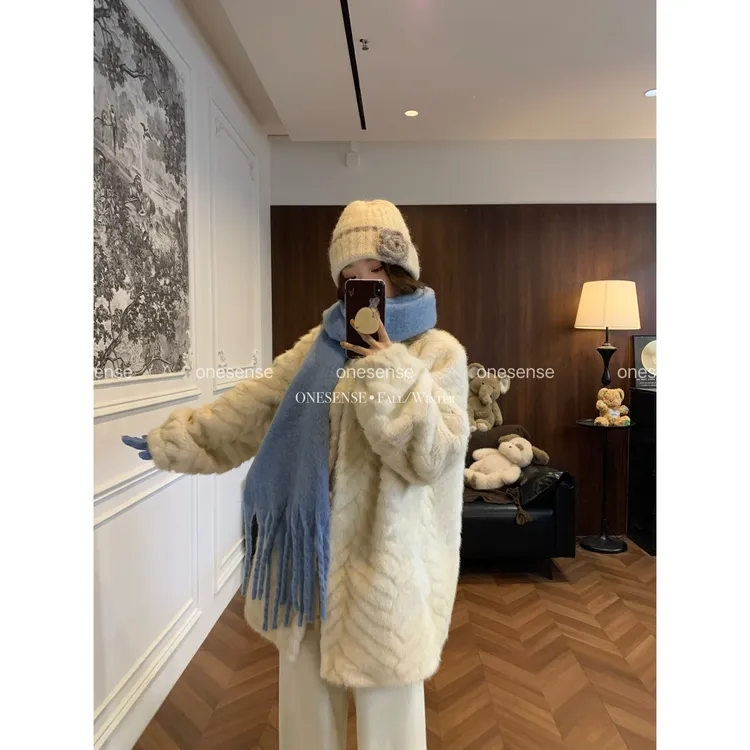 【万万家】2025秋冬新款韩版常规款仿金叶貂气质时尚百搭毛毛外套