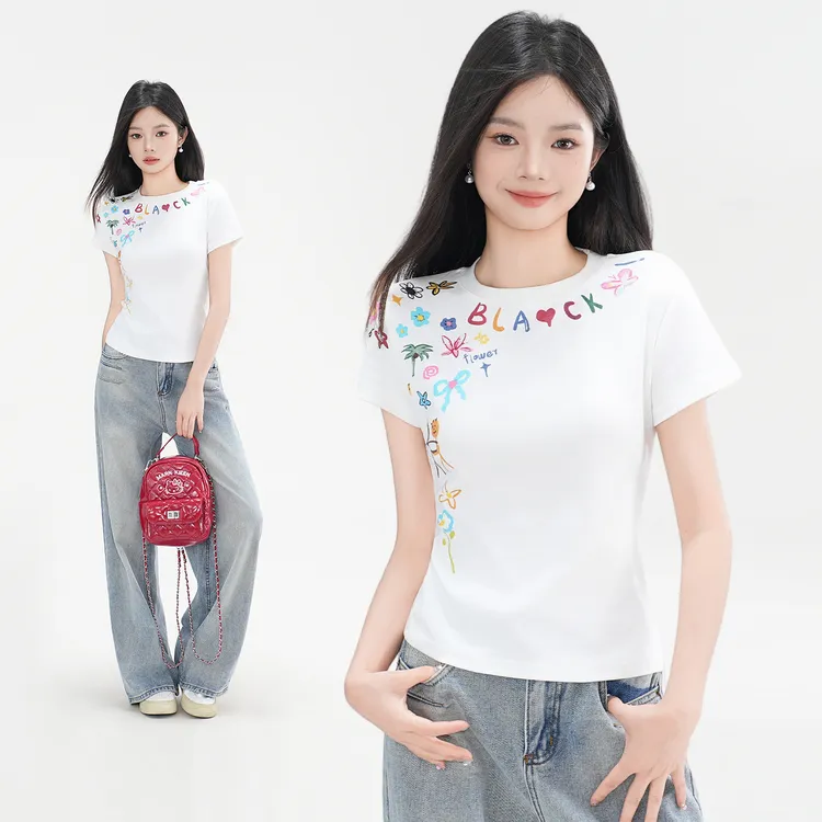 显瘦修身印花圆领短袖T恤女2025夏季新款棉质休闲百搭打底衫白色