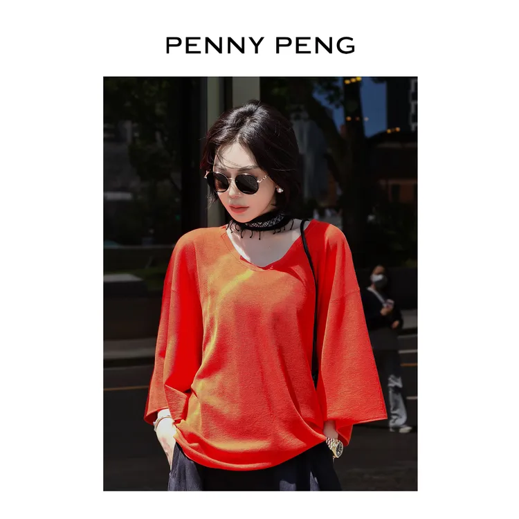 PENNYPENG 落日桔红 红色时尚T恤松弛感宽松百搭上衣痞帅炸街女装