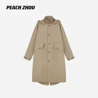 『PEACHZHOU』100棉宽松干练立领休闲连帽长款风衣都市感防风外套