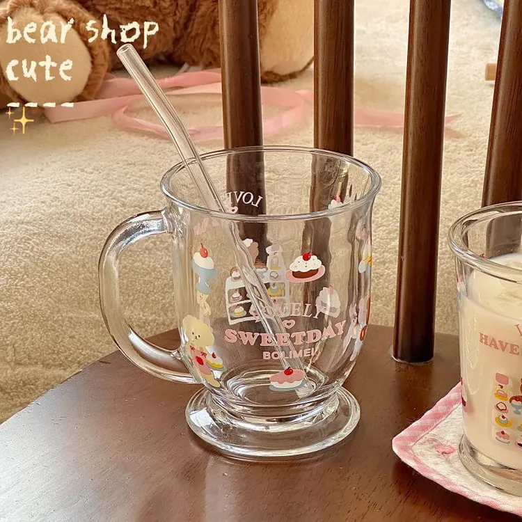 【买一送一】可爱小熊蛋糕杯子玻璃水杯子ins高颜值印花便携大容量