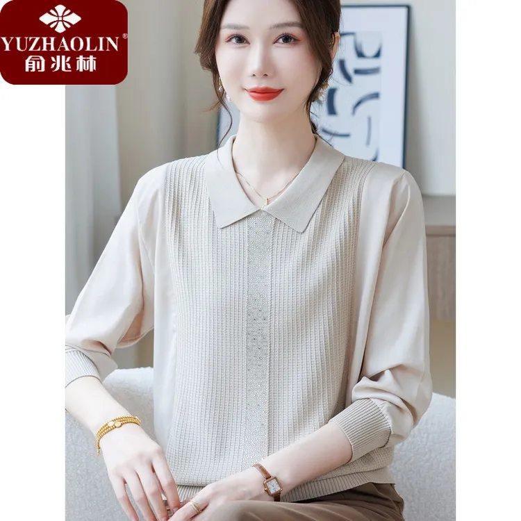 俞兆林妈妈秋装2025新款上衣翻领长袖T恤中老年女春秋针织拼接薄