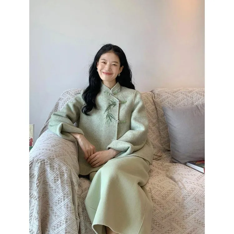 大码胖MM复古新中式国风禅意穿搭女春季短款外套气质半身裙两件套