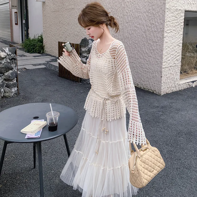 超仙绝美镂空罩衫网纱半身裙套装女2025春季新款法式度假两件套