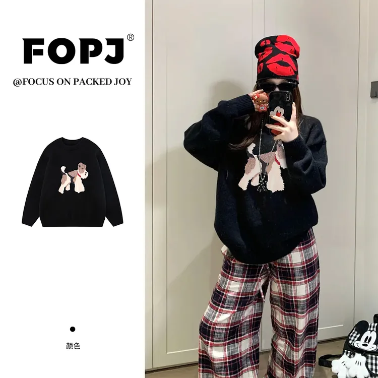 FOPJ秋冬新款复古慵懒风圆领毛衣女卡通小狗印花休闲百搭长袖上衣