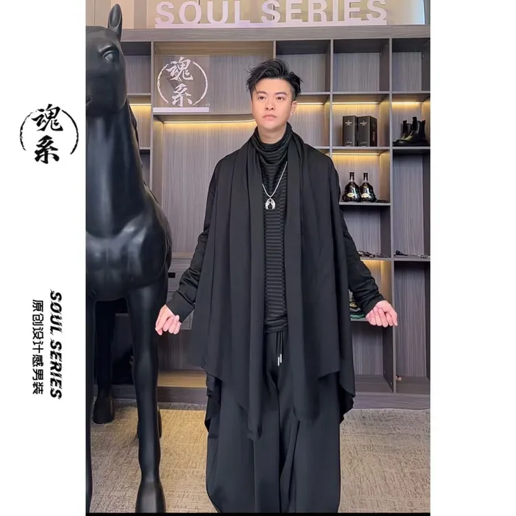 [魂系]秋季外套暗黑系薄风衣个性设计款男士黑色宽松-2518