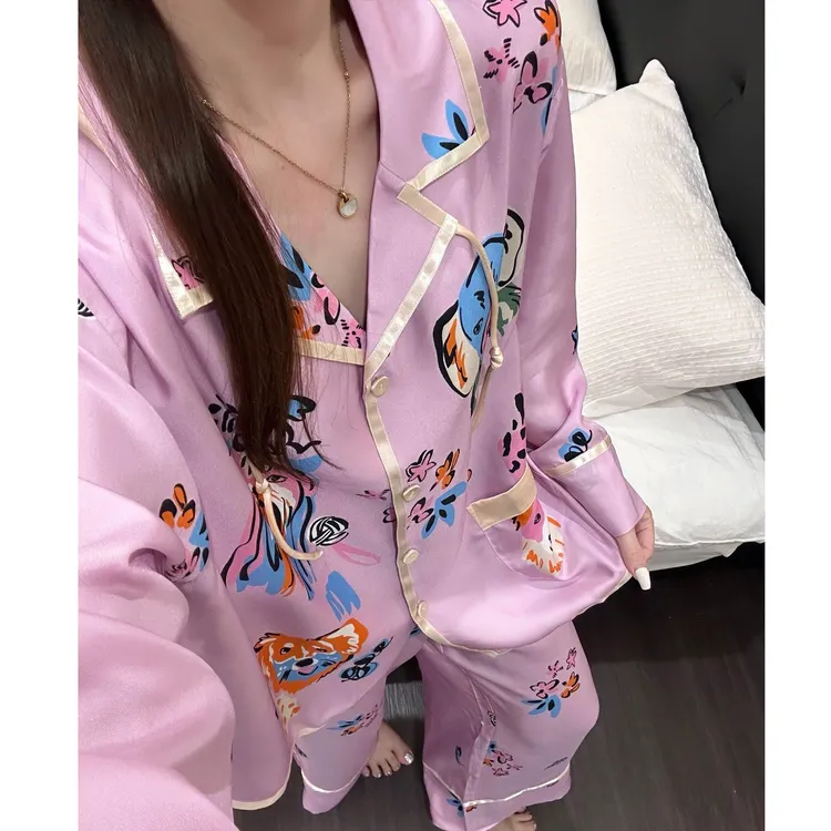 卡通可爱印花少女冰丝长袖睡衣女春秋新款家居服大码长裤套装外穿