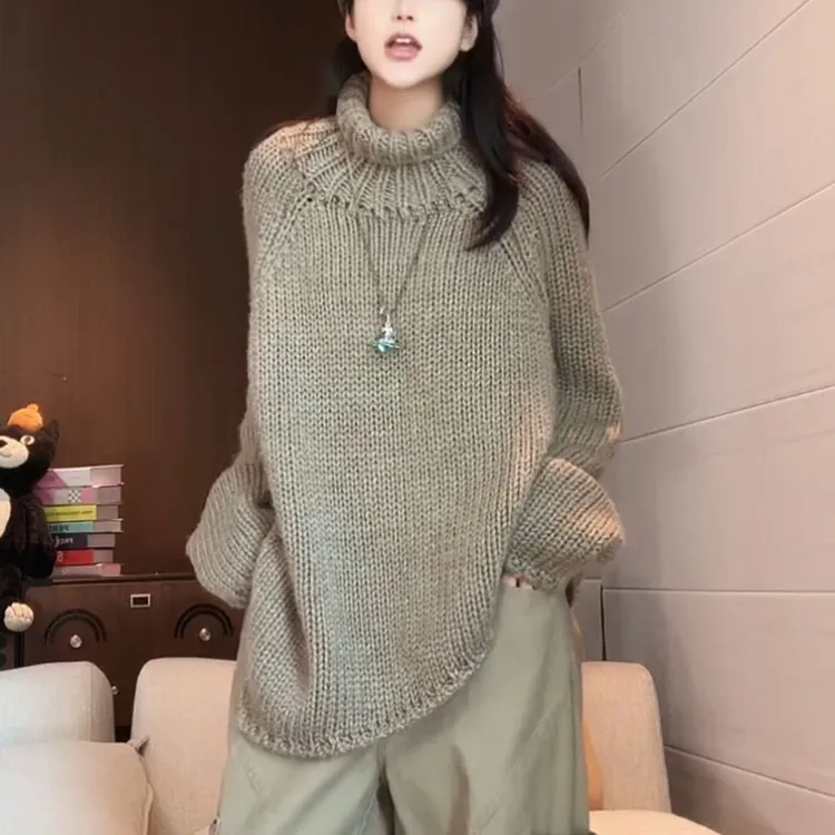 秋冬新款慵懒风软糯高领毛衣女洋气减龄宽松显瘦中长款针织衫上衣