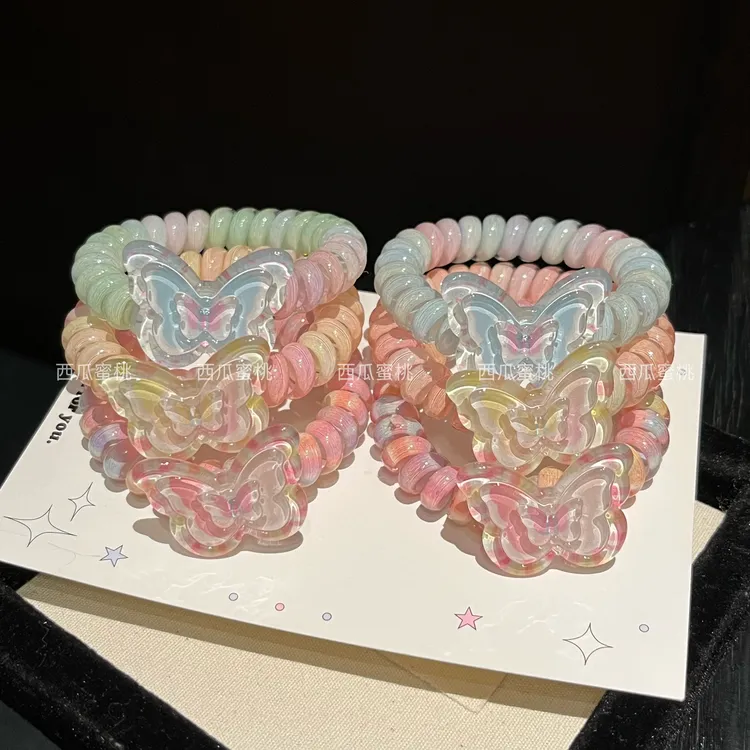 渐变色蝴蝶电话线发圈少女心头绳夏日彩虹电话线发圈高弹力