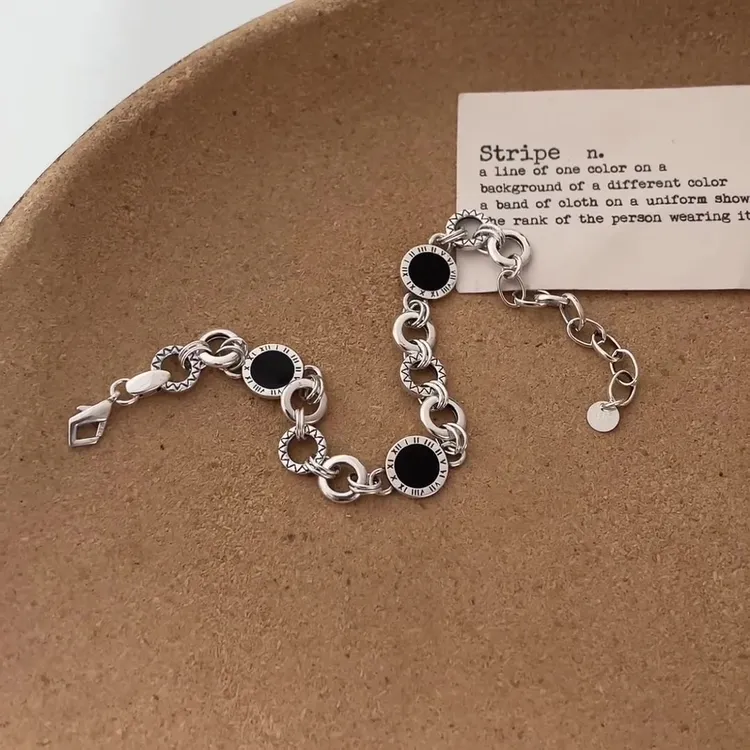 925银珐琅手链 s925银黑珐琅轻奢手链新款罗马数字高级感原创手链