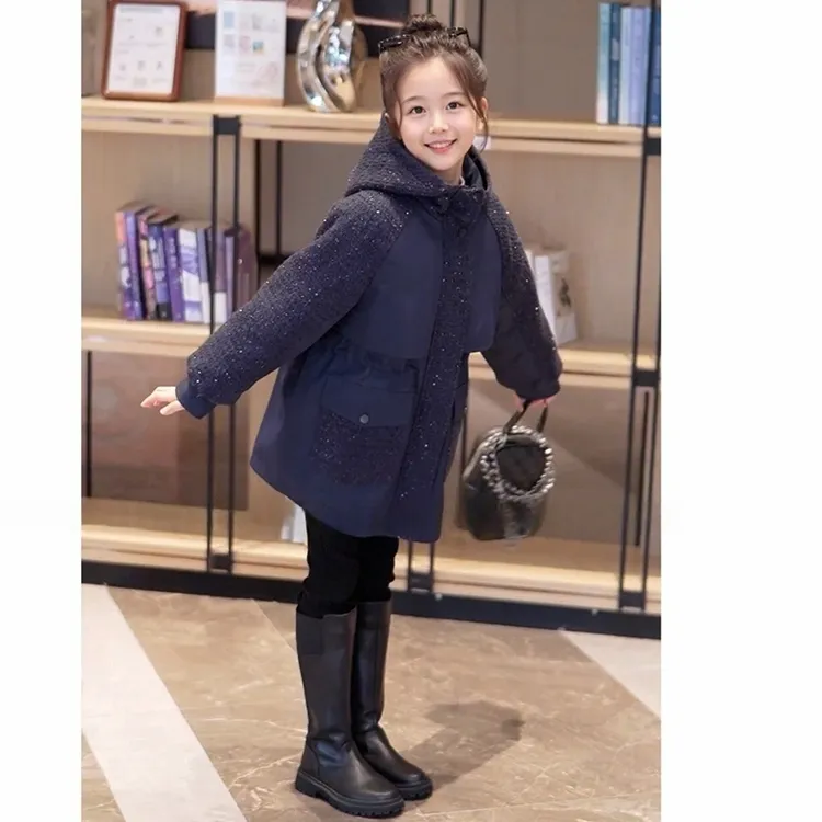 女童外套冬季2025新款儿童洋气亮片加绒连帽上衣小女孩时尚中长款