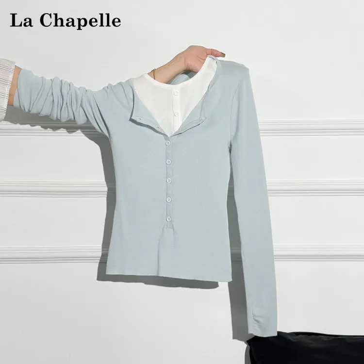 拉夏贝尔多巴胺假两件半开领针织长袖T恤女秋季修身显瘦气质上衣