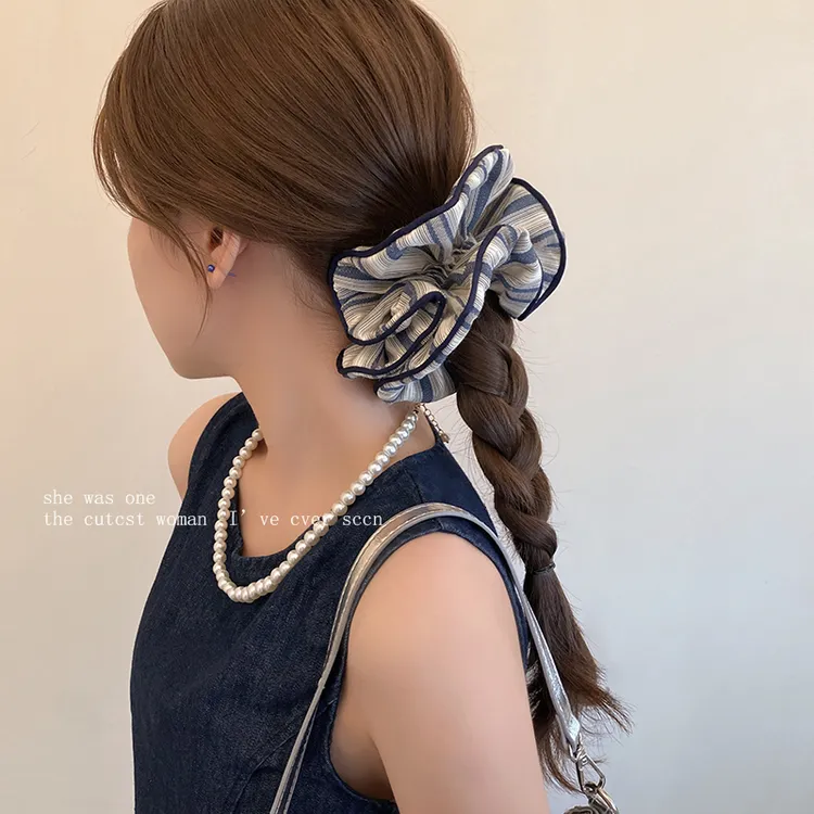 韩系藏青色条纹大肠发圈女高级感高马尾后脑勺盘发绳头饰高端头绳