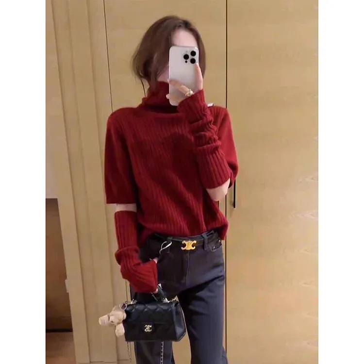 韩系穿搭红色高领针织打底衫女秋冬设计感小众内搭袖套上衣套装