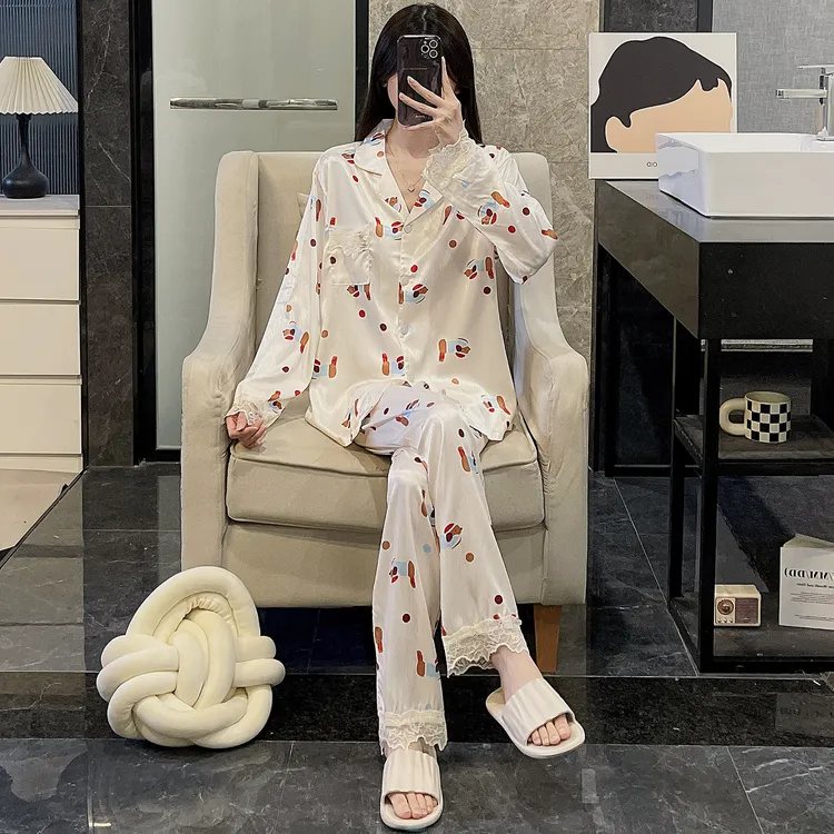 睡衣女春秋季冰丝长袖薄款大码2025新款凉感夏天蓝衣狗套装家居服