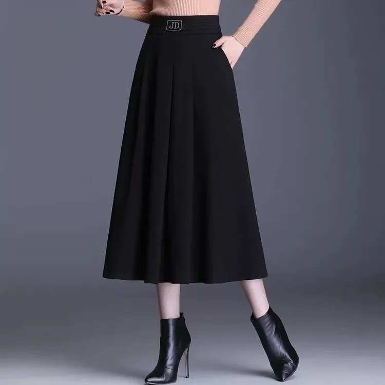 春秋百褶垂感遮胯中长裙显瘦半身裙女春2025新款高腰a字裙休闲裙
