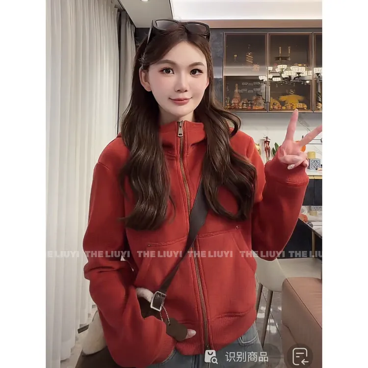 【LIUYI】红豆卫衣~高克重奥粒绒加厚连帽拉链卫衣外套512162