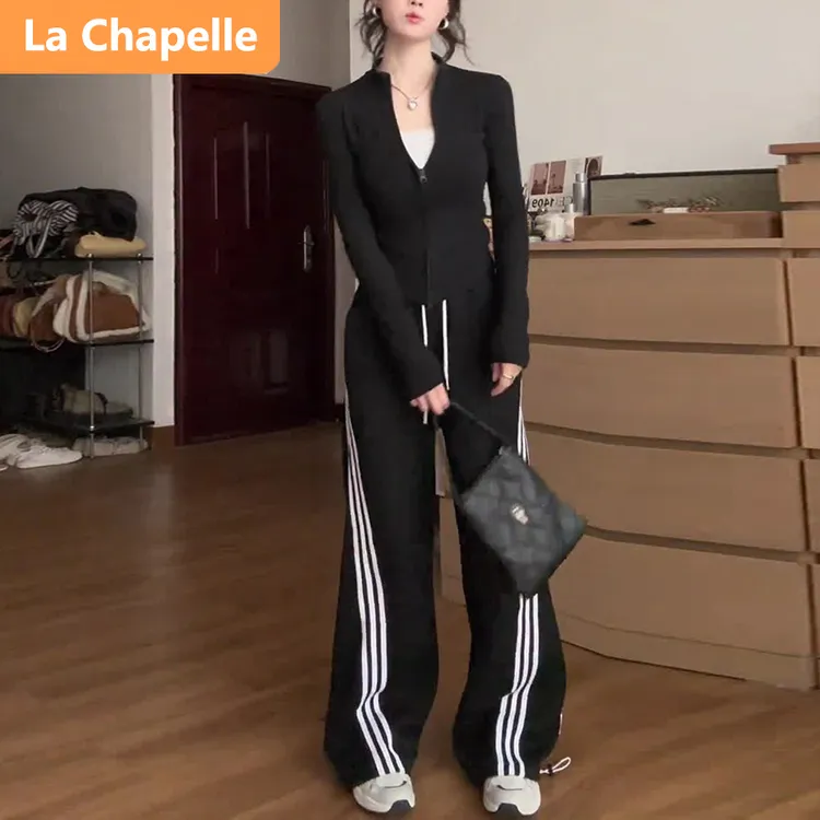 拉夏贝尔小个子显高穿搭时髦休闲套装女潮流显身材黑色长袖两件套