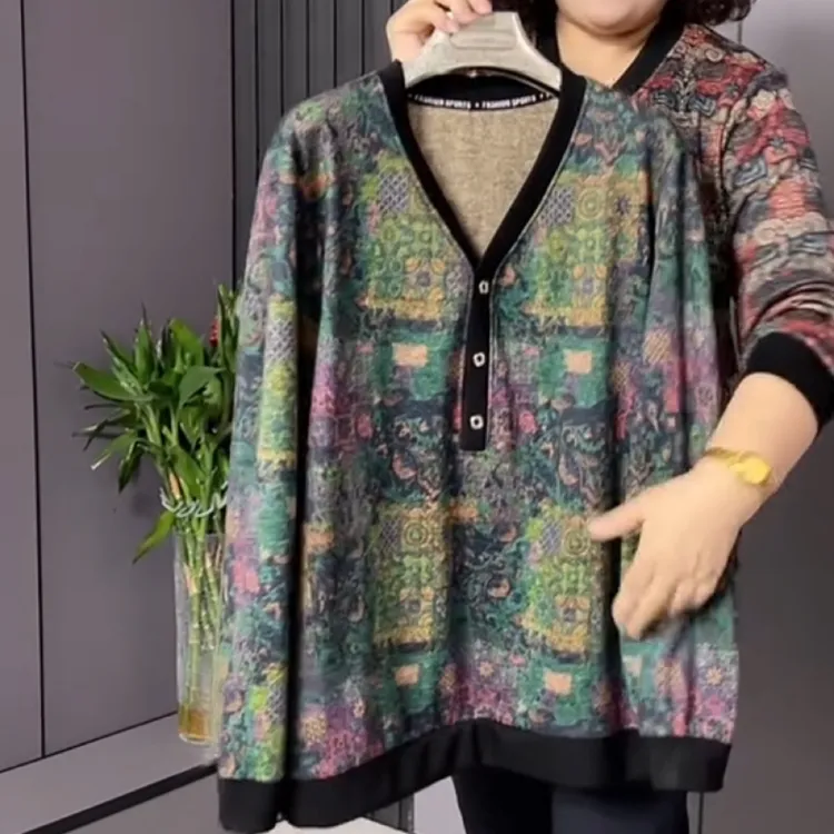 01630中老年秋季时尚圆领假两件宽松显瘦长袖上衣