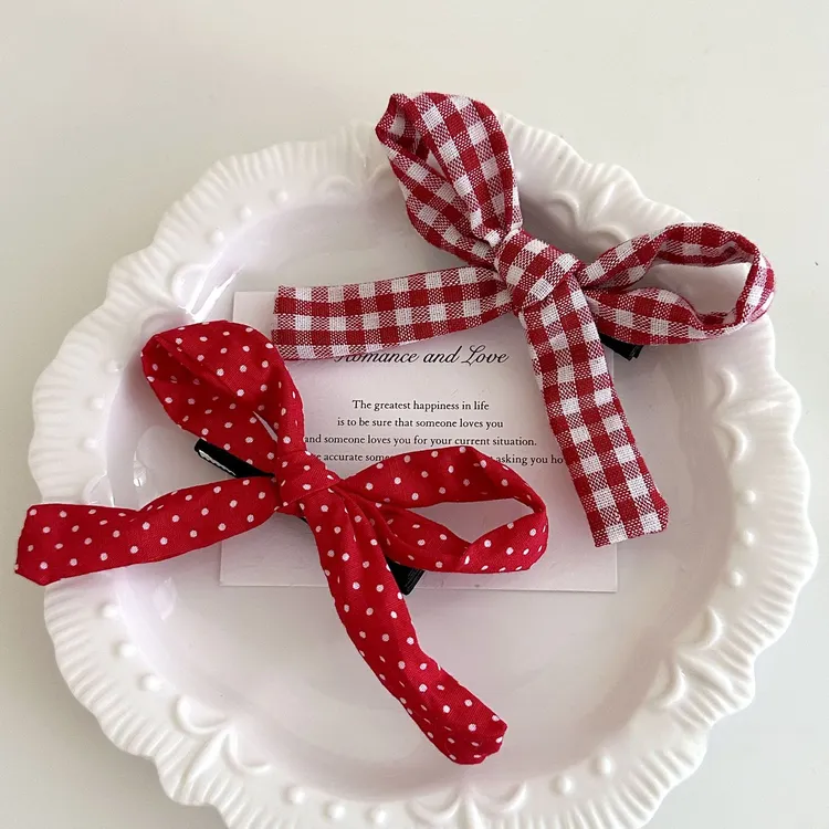 新款甜美复古显白红色波点格纹蝴蝶结发夹韩系复古发夹刘海侧边夹