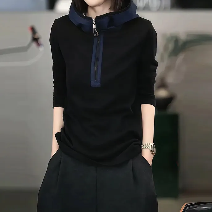 2025秋冬新款韩系连帽卫衣女休闲拼色半拉链长袖气质减龄显瘦上衣