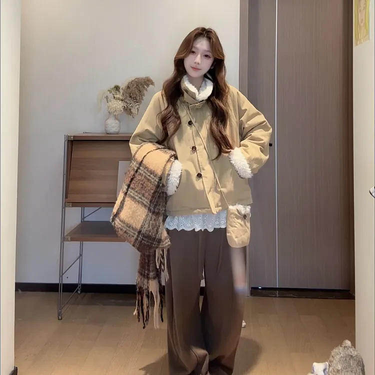 2025韩系皮毛一体冬新款学院风宽松加厚羊羔毛外套配包包 #W2593