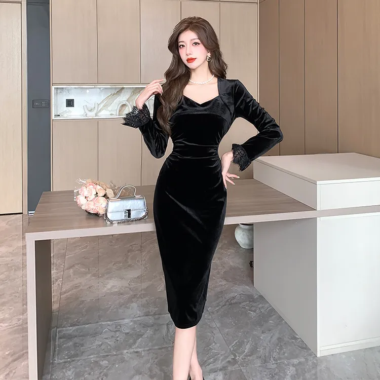 黑色金丝绒连衣裙女2025秋装气质名媛高端法式修身显瘦长裙5806