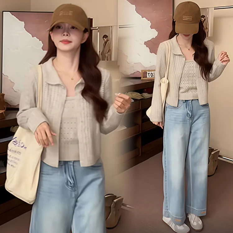 慵懒松弛感休闲套装女2025年秋冬新款宽松针织开衫背心吊带两件套